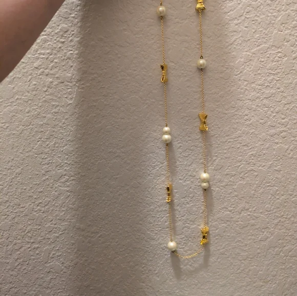 Kate Spade Gold Bow/Pearl Necklace and Matching Earrings Set - Picture 3 of 4